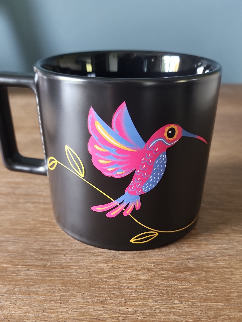 Starbucks Black Mug with Vibrant Pink & Blue Hummingbird